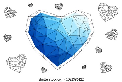 DARK BLUE vector love background with heart. Paper note. Valentine's greeting polygonal card. Triangular illustration for your business. Stock template for your design.