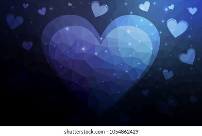 DARK BLUE vector love background with heart. Paper note. Valentine's greeting polygonal card. Triangular illustration for your business. Stock template for your design.