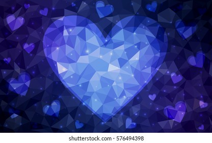 DARK BLUE vector love background with heart. Paper note. Valentine's greeting polygonal card. Triangular illustration for your business. Stock template for your design.