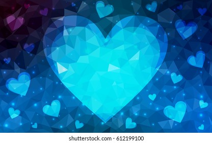 DARK BLUE vector love background with heart. Paper note. Valentine's greeting polygonal card. Triangular illustration for your business. Stock template for your design.