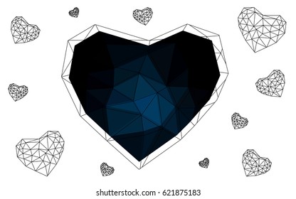 DARK BLUE vector love background with heart. Paper note. Valentine's greeting polygonal card. Triangular illustration for your business. Stock template for your design.