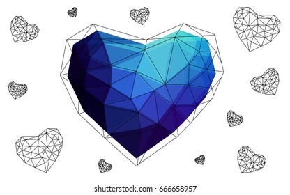 DARK BLUE vector love background with heart. Paper note. Valentine's greeting polygonal card. Triangular illustration for your business. Stock template for your design.