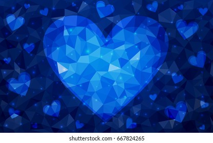 DARK BLUE vector love background with heart. Paper note. Valentine's greeting polygonal card. Triangular illustration for your business. Stock template for your design.