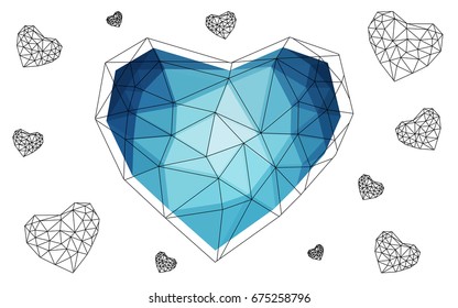 DARK BLUE vector love background with heart. Paper note. Valentine's greeting polygonal card. Triangular illustration for your business. Stock template for your design.