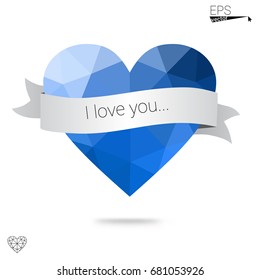 DARK BLUE vector love background with heart. Paper note. Valentine's greeting polygonal card. Triangular illustration for your business. Stock template for your design.