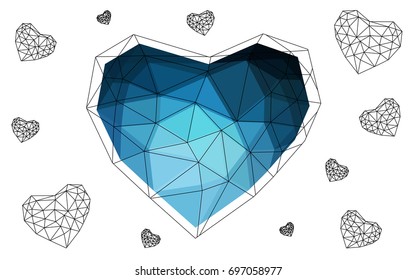 DARK BLUE vector love background with heart. Paper note. Valentine's greeting polygonal card. Triangular illustration for your business. Stock template for your design.