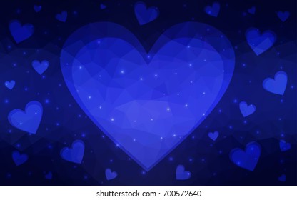 DARK BLUE vector love background with heart. Paper note. Valentine's greeting polygonal card. Triangular illustration for your business. Stock template for your design.