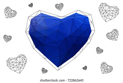 DARK BLUE vector love background with heart. Paper note. Valentine's greeting polygonal card. Triangular illustration for your business. Stock template for your design.