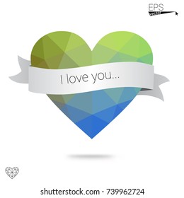DARK BLUE vector love background with heart. Paper note. Valentine's greeting polygonal card. Triangular illustration for your business. Stock template for your design.