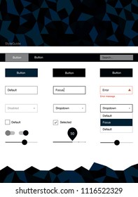 Dark BLUE vector Material Design Kit with lines. Ui Ux kit with colorful polygonal background in its header. Modern template for your landing page.