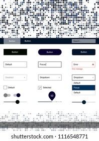 Dark BLUE vector Material Design Kit with dots. Web ui kit with abstract gradient circles in its header. Beautiful layout for websites, landing pages.
