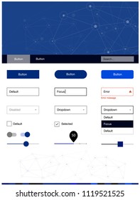 Dark BLUE vector Material Design Kit with lines, circles. Web ui kit with abstract triangles, circles in its header. Beautiful layout for websites, landing pages.