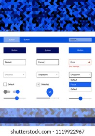Dark BLUE vector Material Design Kit with dots. Beautiful ui ux kit with colorful dots in its header. This template you can use for landing pages.