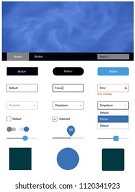Dark BLUE vector Material Design Kit with stars. Web ui kit with abstract gradient clouds in its header. Modern template for your landing page.