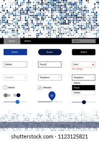 Dark BLUE vector Material Design Kit with dots. Web ui kit with abstract gradient circles in its header. This sample is for your landing page.