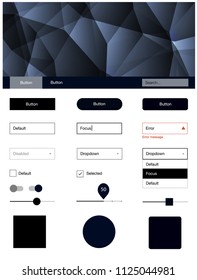 Dark BLUE vector Material Design Kit with lines. Web ui kit with abstract gradient triangles in its header. This sample is for your website.