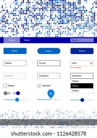 Dark BLUE vector Material Design Kit with dots. Beautiful ui ux kit with colorful dots in its header. Simple colorful design for websites.
