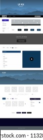 Dark BLUE vector Material Design Kit with hills. Web ui kit with abstract gradient hills in its header. Template for website of outdoor activities.