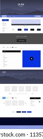 Dark BLUE vector Material Design Kit with hills. Web ui kit with abstract gradient hills in its header. Template for landing pages of leisure.