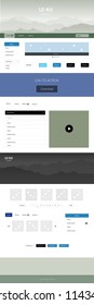 Dark BLUE vector Material Design Kit with hills. Beautiful ui ux kit with colorful mountains in its header. Template for landing pages of leisure.