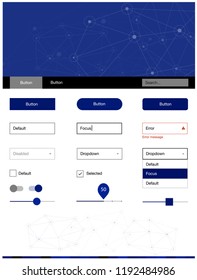 Dark BLUE vector Material Design Kit with lines, circles. Web ui kit with abstract triangles, circles in its header. This sample is for your website.