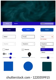 Dark BLUE vector Material Design Kit with stars. Colorful ui/ux kit with header consisted of clouds & stars. This template you can use for websites.