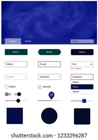 Dark BLUE vector Material Design Kit with stars. Beautiful ui ux kit with colorful sky in its header. Simple colorful design for websites.