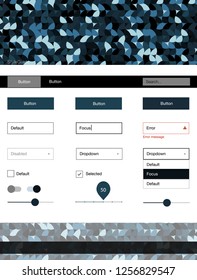 Dark BLUE vector Material Design Kit with dots. Web ui kit with abstract gradient circles in its header. This sample is for your landing page.