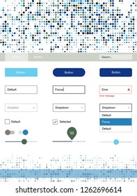 Dark BLUE vector Material Design Kit with dots. Web ui kit with abstract gradient circles in its header. Simple colorful design for websites.