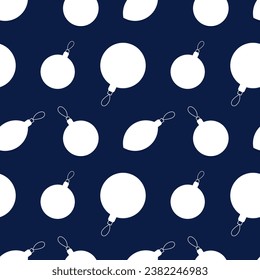 Dark blue vector New Year pattern with white Christmas tree decorations. Pattern for textiles, wrapping paper, wallpaper and backgrounds.