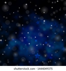 Dark BLUE vector pattern with circles, stars. Illustration with set of colorful abstract spheres, stars. Pattern for trendy fabric, wallpapers.