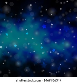 Dark BLUE vector pattern with circles, stars. Colorful disks, stars on simple gradient background. Template for business cards, websites.