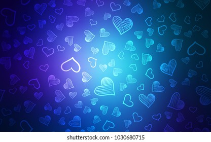 Dark BLUE vector pattern with colorful hearts. Blurred decorative design in doodle style with hearts. Beautiful design for your business advert of anniversary.