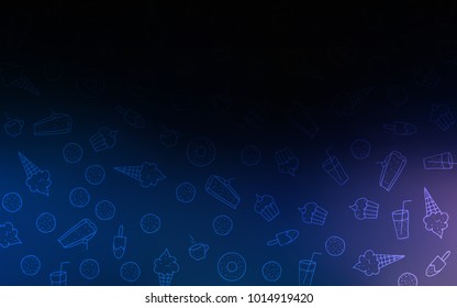 Dark BLUE vector pattern with delicious cookies. Glitter abstract sketch with sweets, candies, desserts. Pattern for menu of cafes and restaurants.