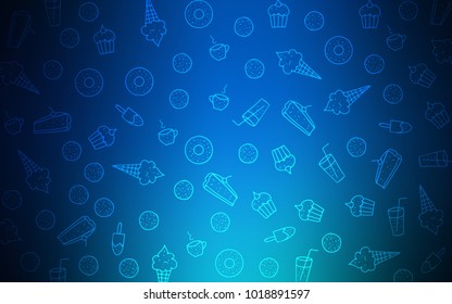 Dark BLUE vector pattern with delicious cookies. Decorative shining illustration with sweets on abstract template. Pattern for ad, booklets, leaflets of restaurants.
