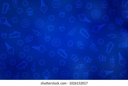 Dark BLUE vector pattern with delicious cookies. Decorative shining illustration with sweets on abstract template. Design for ad, poster, banner of cafes or restaurants.
