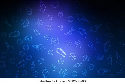 Dark BLUE vector pattern with delicious cookies. Decorative shining illustration with sweets on abstract template. Pattern for ad, booklets, leaflets of restaurants.