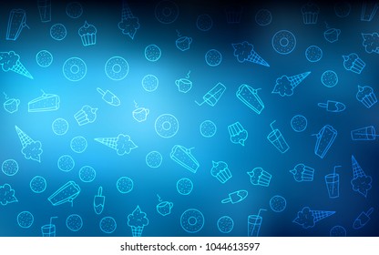 Dark BLUE vector pattern with delicious cookies. Beautiful colored illustration with candies in doodle style. Design for ad, poster, banner of cafes or restaurants.