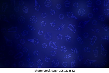 Dark BLUE vector pattern with delicious cookies. Beautiful colored illustration with candies in doodle style. Pattern for ads of breakfast, lunch, dinner.