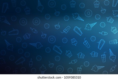 Dark BLUE vector pattern with delicious cookies. Glitter abstract sketch with sweets, candies, desserts. Doodle design for your business advert of cafes.
