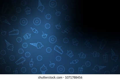 Dark BLUE vector pattern with delicious cookies. Glitter abstract sketch with sweets, candies, desserts. Pattern for menu of cafes and restaurants.