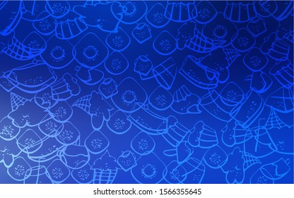 Dark BLUE vector pattern with delicious cookies. Confections on blurred abstract background with colorful gradient. Doodle design for your business advert of cafes.
