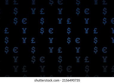 Dark blue vector pattern with EUR, USD, GBP, JPY. Colored symbols of all currency on white background. Best design for your ad, poster, banner of money.