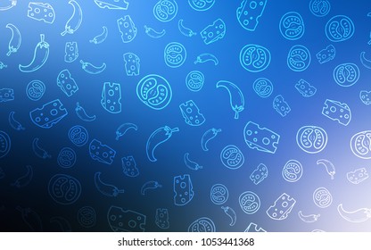 Dark BLUE vector pattern with fresh ingredients. Fast Food on blurred abstract background with colorful gradient. Doodle design for your business advert of cafes.