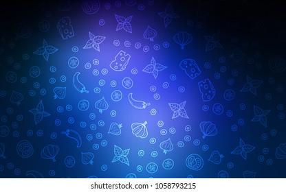 Dark BLUE vector pattern with fresh ingredients. Fast Food on blurred abstract background with colorful gradient. Design for ad, poster, banner of cafes or restaurants.