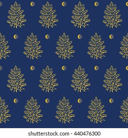 Dark blue vector pattern with golden fir trees and moon