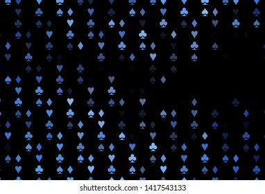 Dark BLUE vector pattern with symbol of cards. Colorful gradient with signs of hearts, spades, clubs, diamonds. Pattern for leaflets of poker games, events.