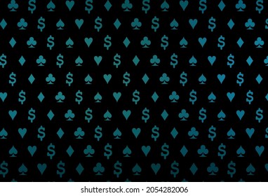 Dark blue vector pattern with symbol of cards. Colored illustration with hearts, spades, clubs, diamonds. Smart design for your business advert of casinos.