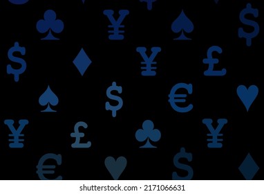 Dark blue vector pattern with symbol of cards. Blurred decorative design of hearts, spades, clubs, diamonds. Pattern for leaflets of poker games, events.