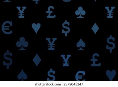 Dark blue vector pattern with symbol of cards. Shining illustration with hearts, spades, clubs, diamonds. Design for ad, poster, banner of gambling websites.